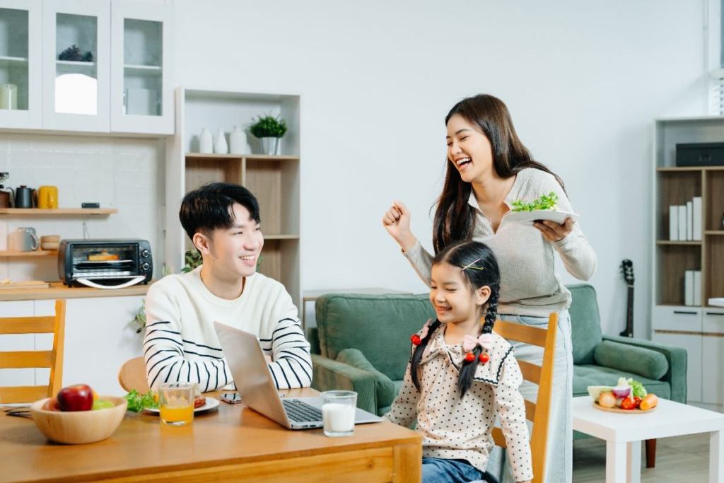 A family enjoy time in their home