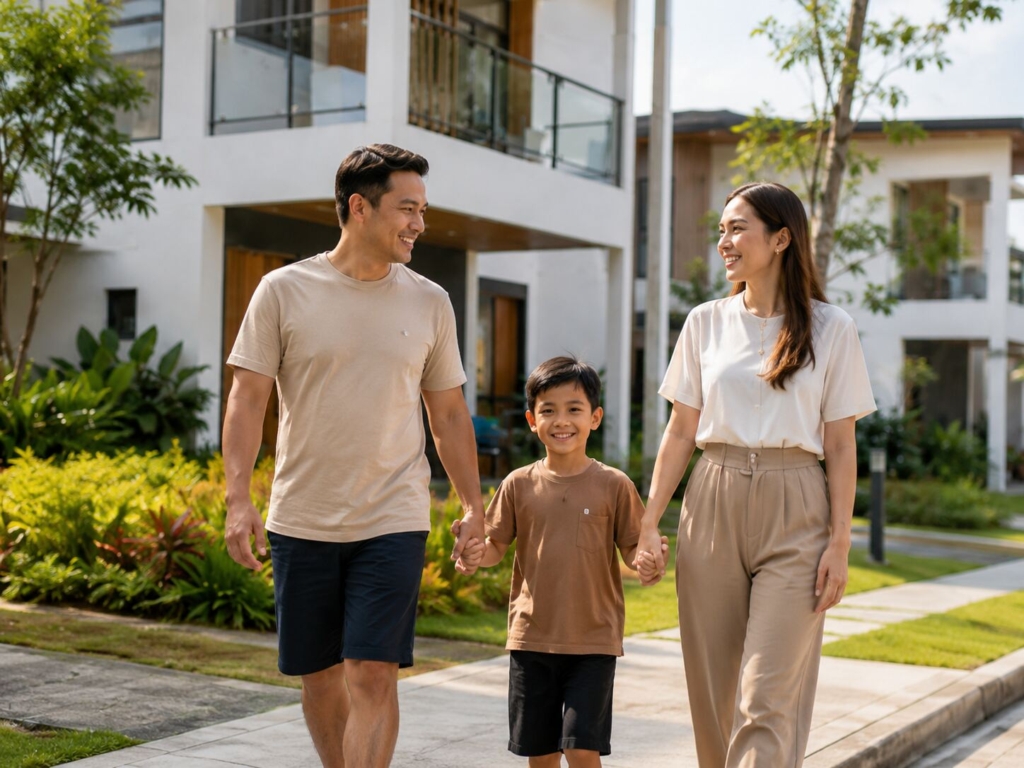 Filipino family walking through a well-maintained Breighton Land-inspired residential community
