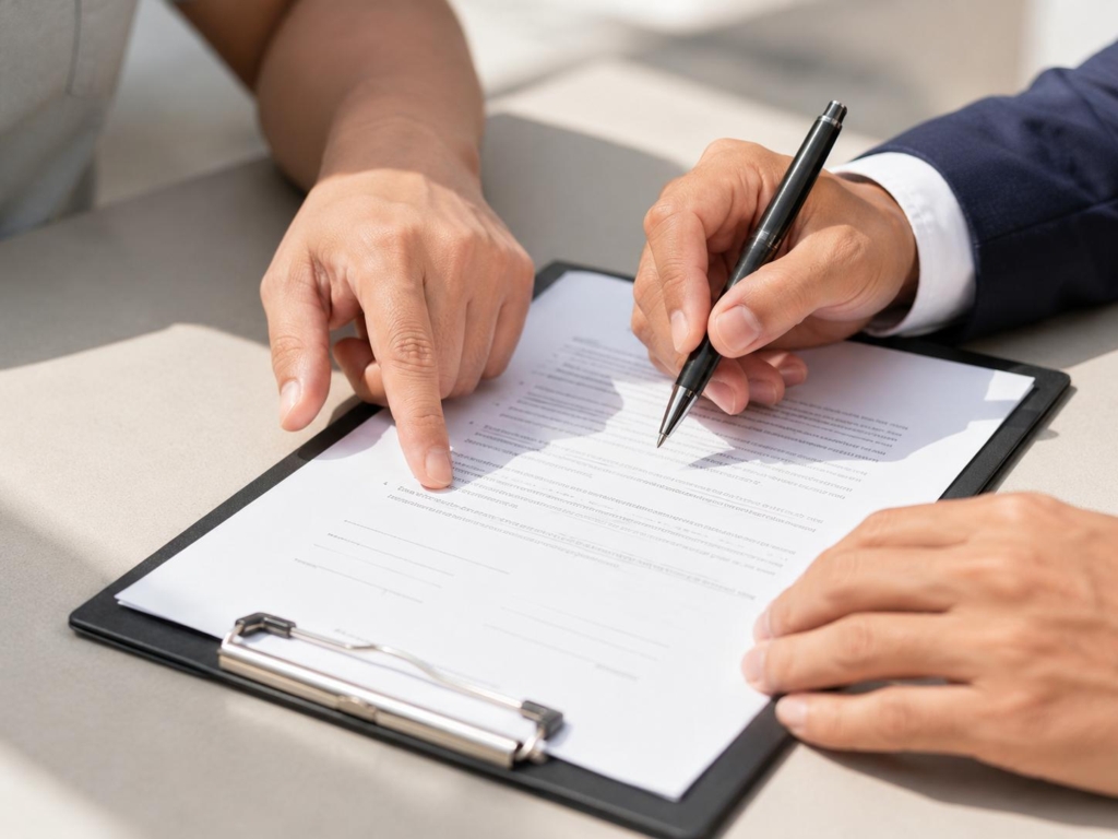 Close-up of homeowner and real estate representative discussing a warranty document on a clipboard