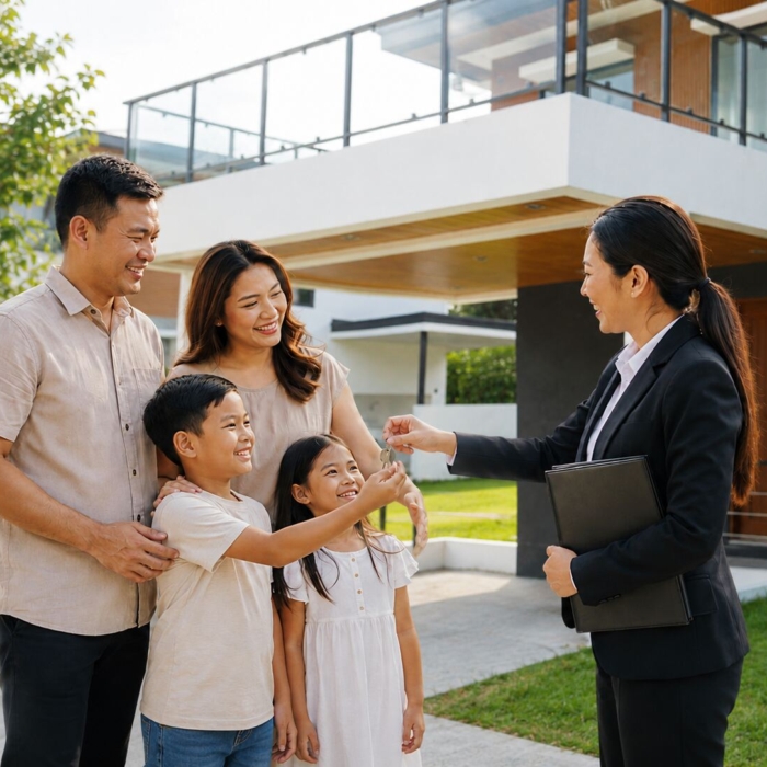 Happy Filipino family receiving house keys from a Breighton Land representative in front of a modern house