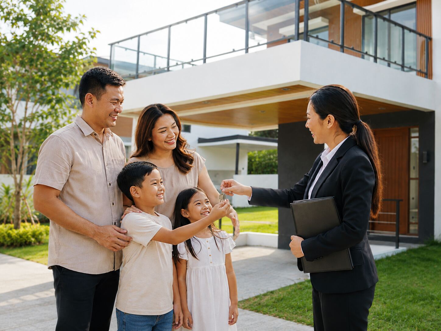Happy Filipino family receiving house keys from a Breighton Land representative in front of a modern house