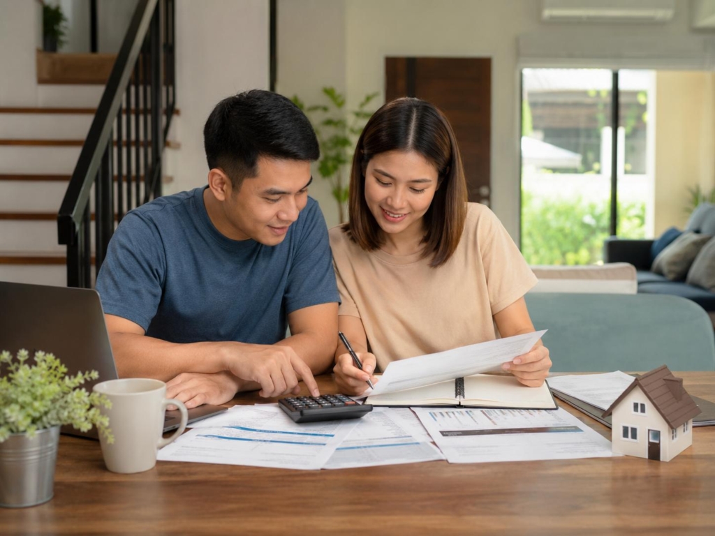 Young Filipino couple reviewing homebuying budget and loan documents