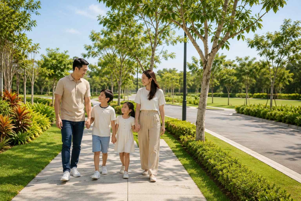 Filipino family walking through a landscaped community with open green spaces