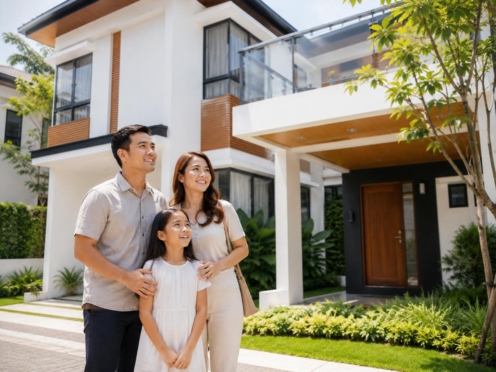 Young Filipino family standing in front of a modern Breighton Land-inspired home
