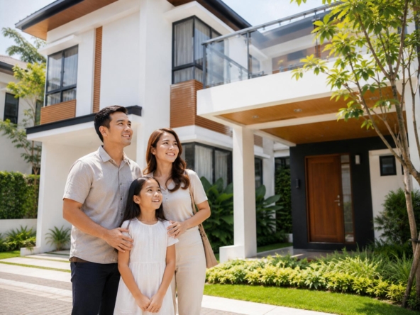 Young Filipino family standing in front of a modern Breighton Land-inspired home