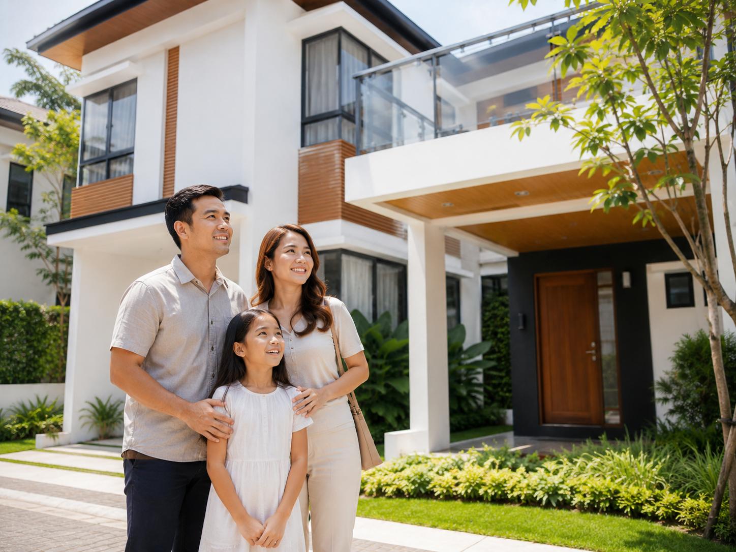 Young Filipino family standing in front of a modern Breighton Land-inspired home