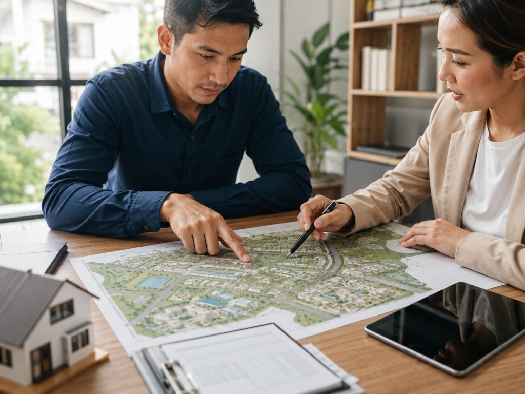 Real estate representative and buyer discussing a residential community master plan