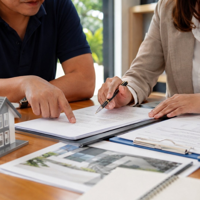 Filipino couple consulting a female real estate agent inside a modern home