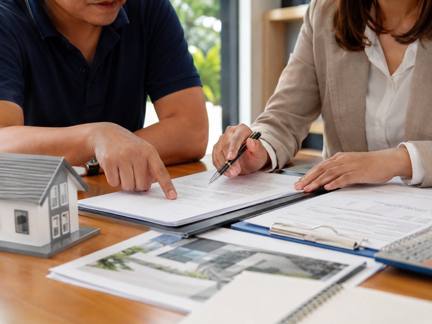 Filipino couple consulting a female real estate agent inside a modern home