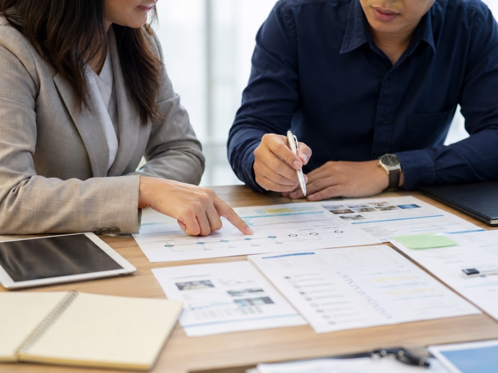 Property buyer and real estate representative reviewing turnover documents, checklist, and project timeline on an office table.