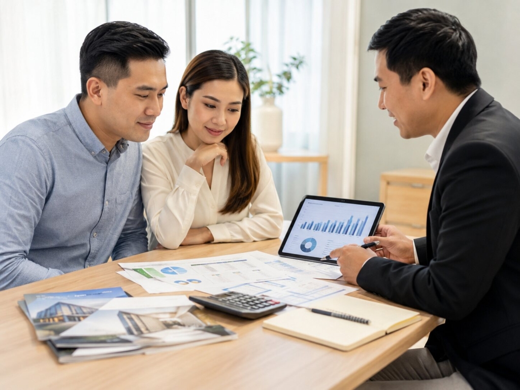 Filipino couple discussing long-term property value reports and growth charts with a real estate representative.