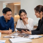 Filipino couple consulting with a real estate representative about developer track records and long-term property value.