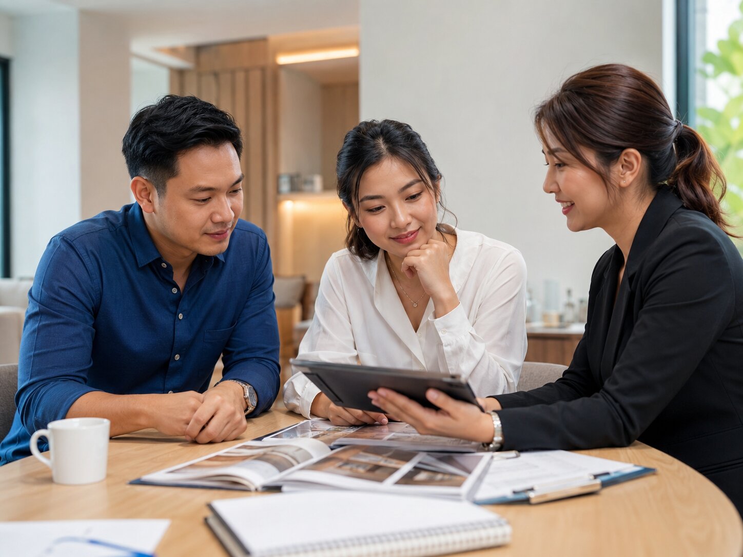 Filipino couple consulting with a real estate representative about developer track records and long-term property value.