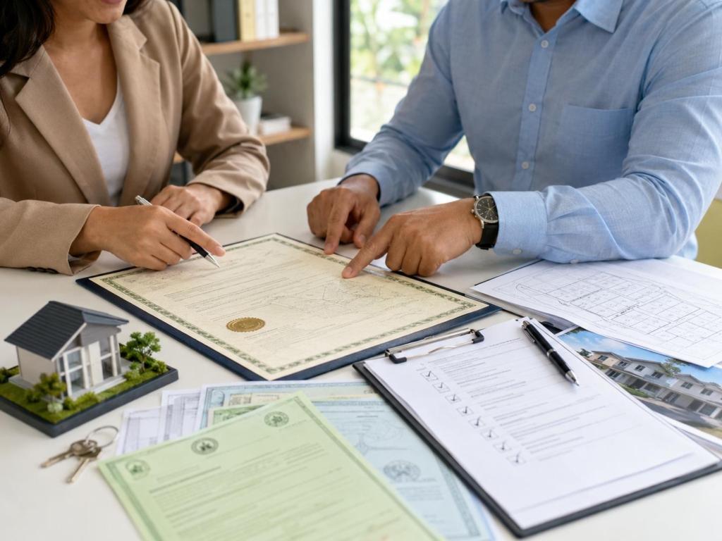 Homebuyer and real estate agent reviewing legal documents for a subdivision house