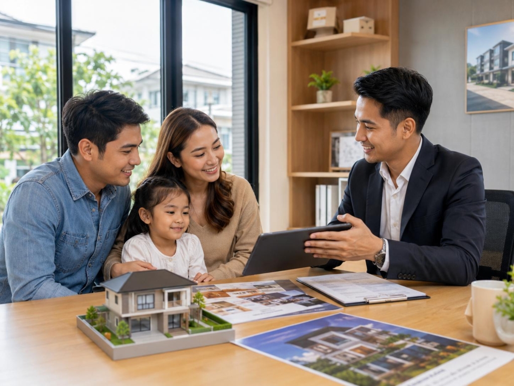 Homebuyer reviewing subdivision house designs and developer portfolio on a tablet