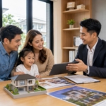 Homebuyer reviewing subdivision house designs and developer portfolio on a tablet