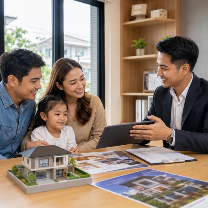 Homebuyer reviewing subdivision house designs and developer portfolio on a tablet