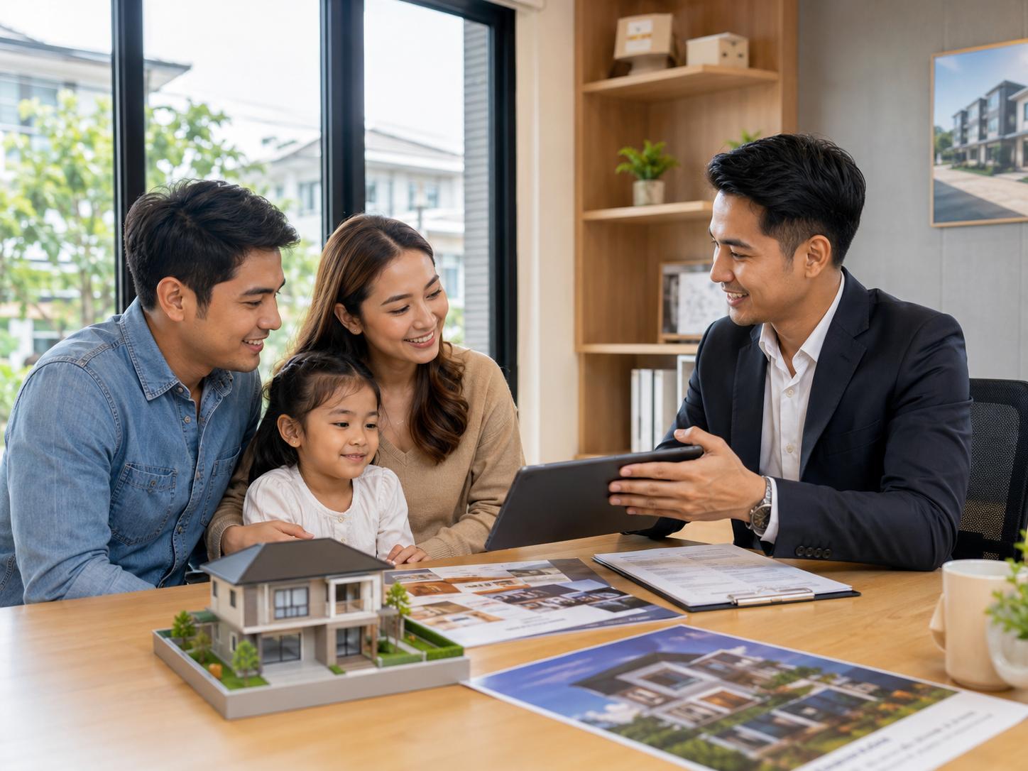 Homebuyer reviewing subdivision house designs and developer portfolio on a tablet