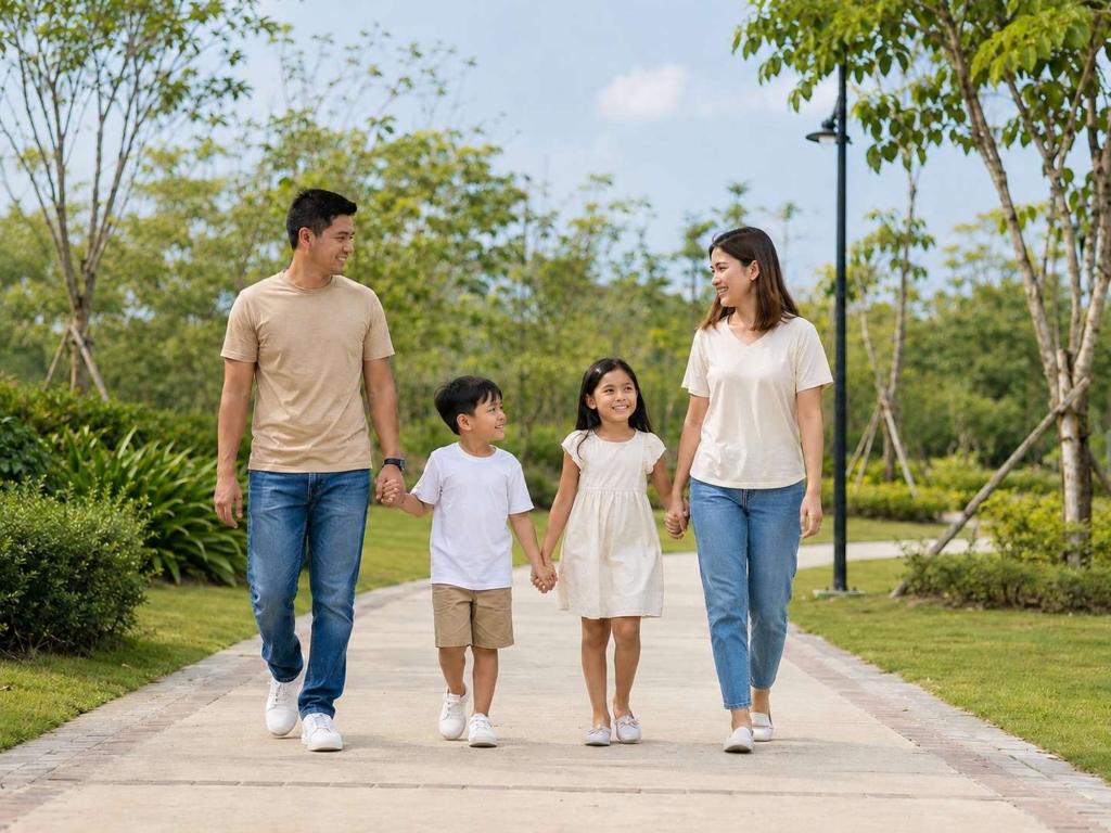 Filipino family walking through a landscaped residential community