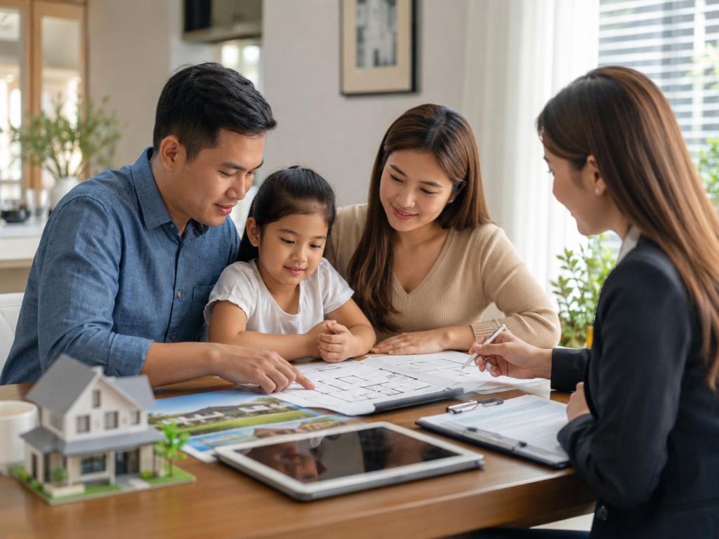 Filipino family reviewing home plans with a real estate consultant