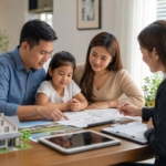 Filipino family reviewing home plans with a real estate consultant