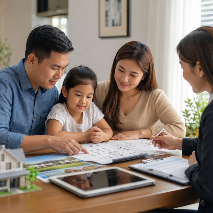 Filipino family reviewing home plans with a real estate consultant