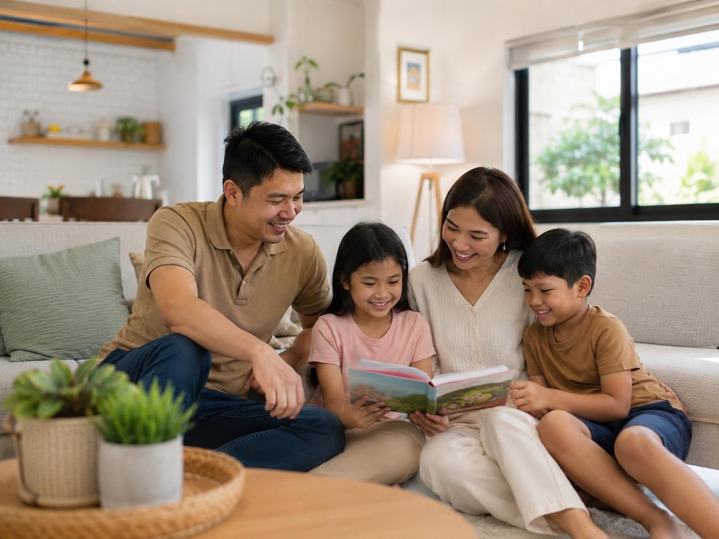 Filipino family relaxing together inside a bright modern home