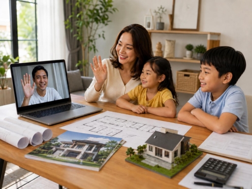 OFW parent video calling family while planning a future home purchase