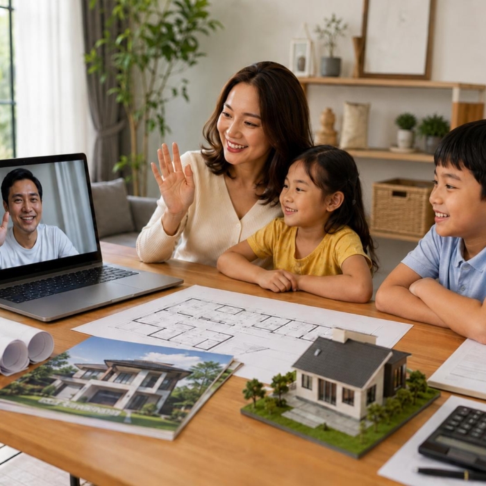 OFW parent video calling family while planning a future home purchase