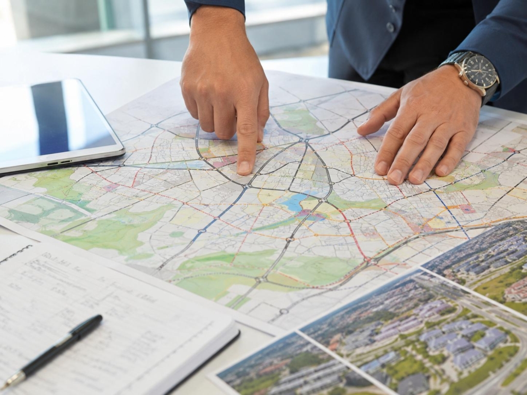 Hands reviewing a suburban road network and location map on a table