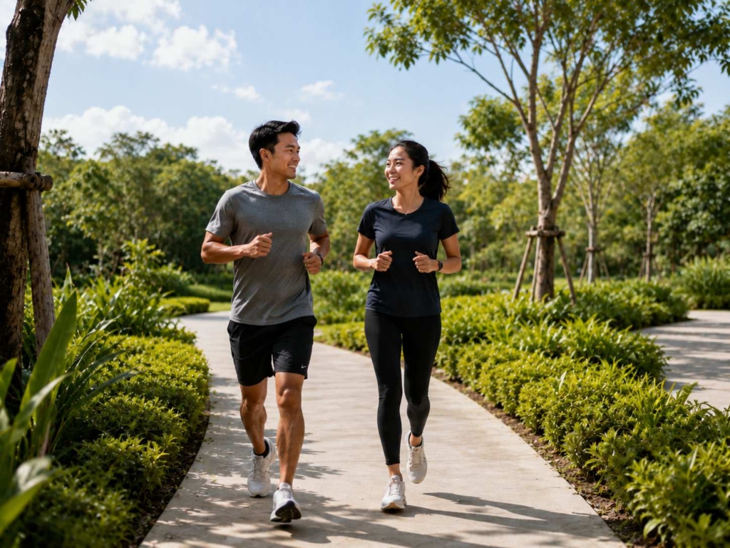 Filipino joggers in a landscaped community park with tree-lined pathways