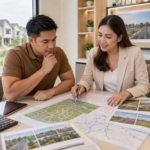 Filipino investor reviewing suburban development plans with a real estate consultant