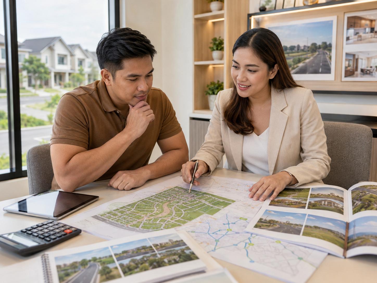 Filipino investor reviewing suburban development plans with a real estate consultant