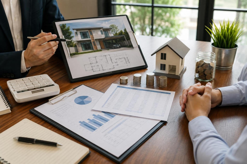 RFO rental planning with calculator, house model, and savings coins