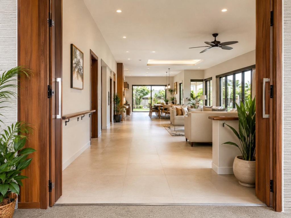 Zero-step home entrance with wide hallway and open single-level living area