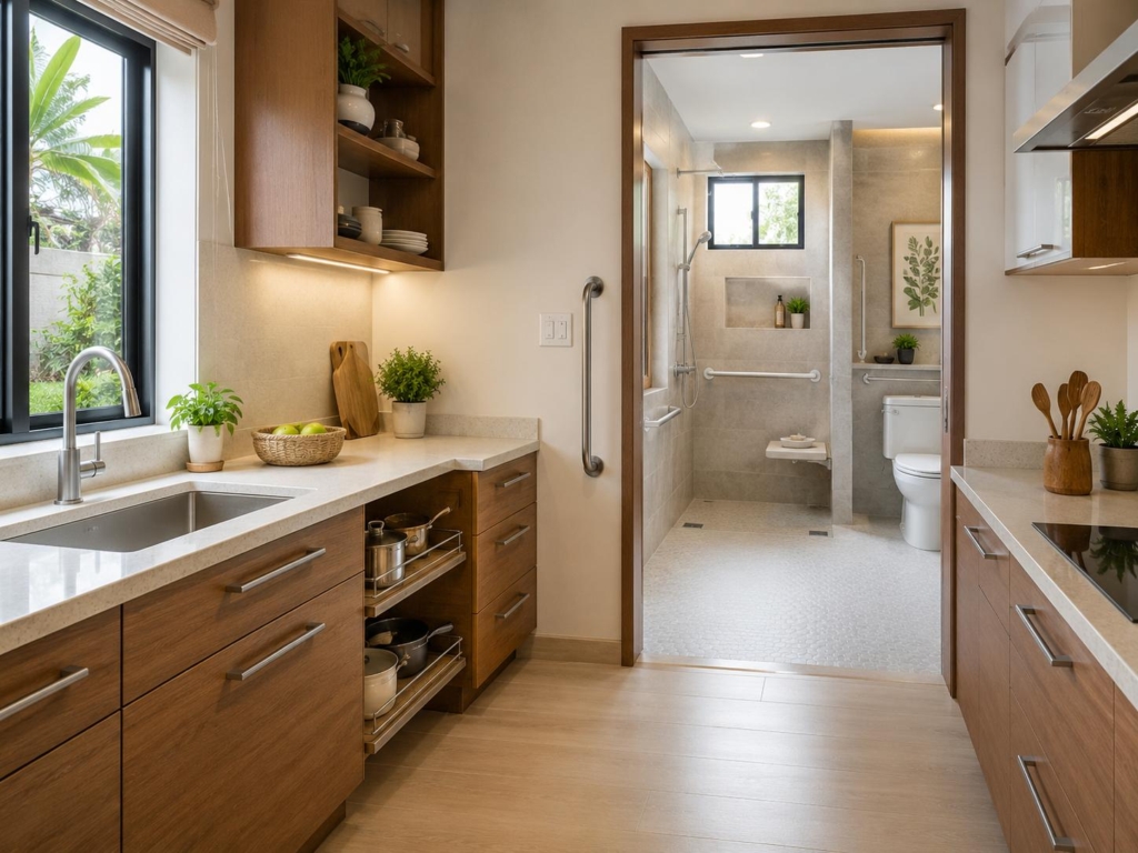 Accessible kitchen and bathroom with grab bars and senior-friendly features