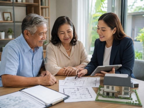 Retired Filipino couple reviewing a retirement-friendly house plan with a real estate consultant