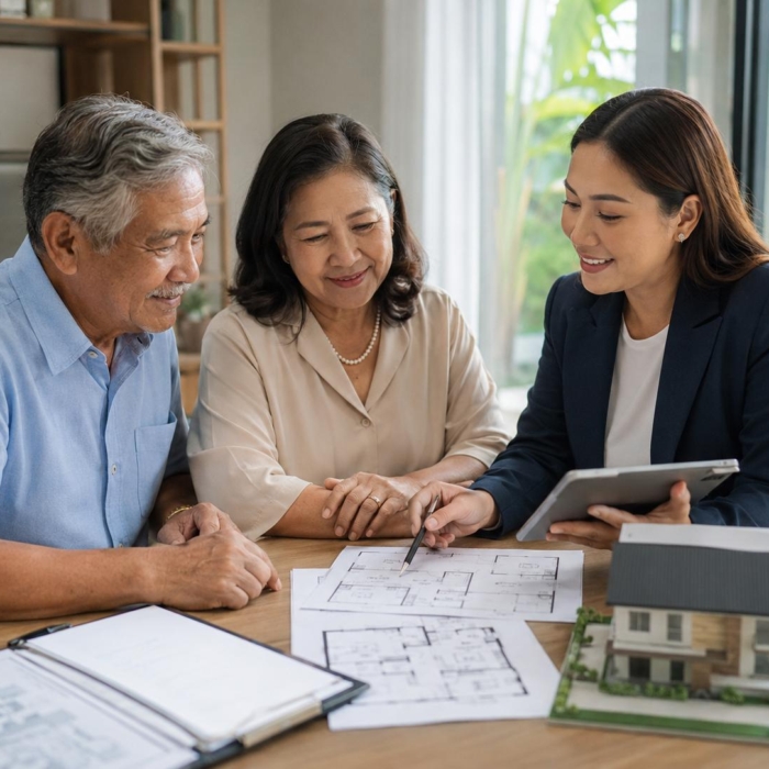 Retired Filipino couple reviewing a retirement-friendly house plan with a real estate consultant