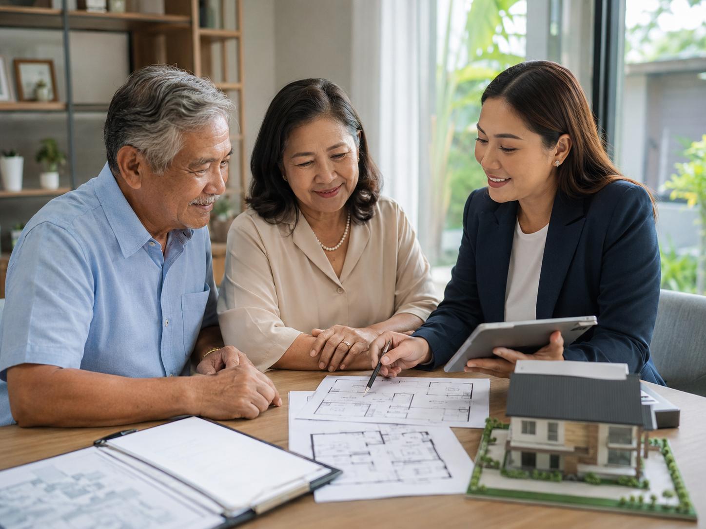 Retired Filipino couple reviewing a retirement-friendly house plan with a real estate consultant