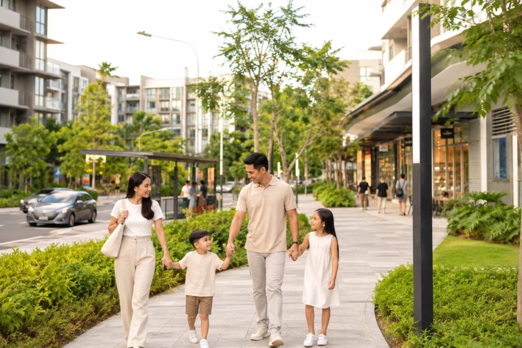 Filipino family walking through a convenient mixed-use community