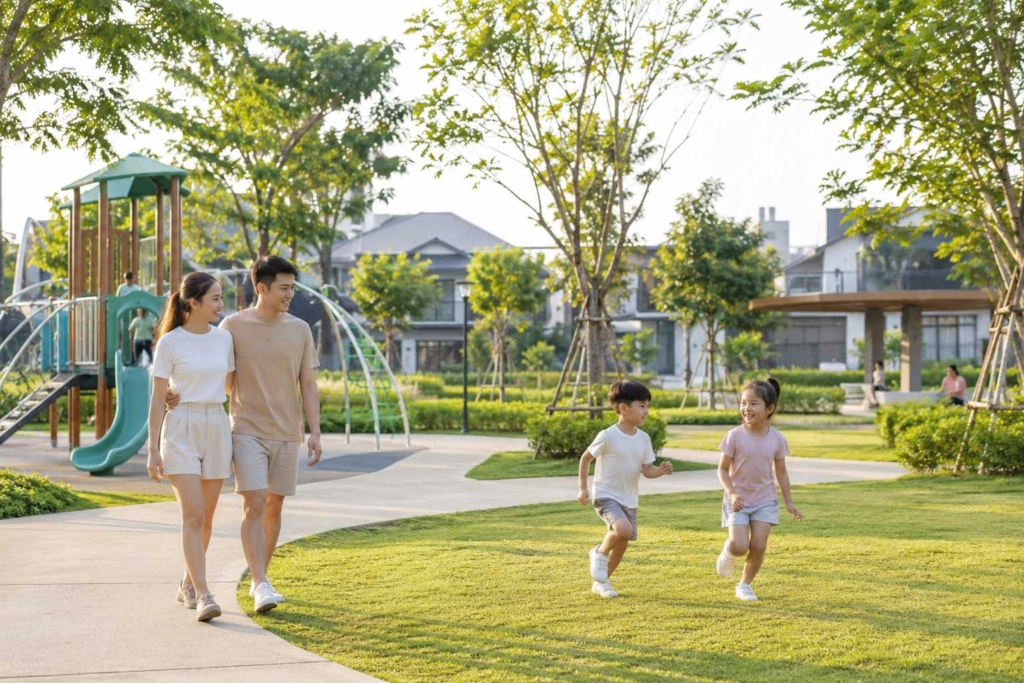 Filipino family enjoying open green spaces in a planned community