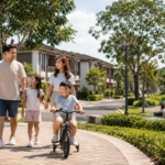 Filipino family walking near homes and playground in a safe neighborhood