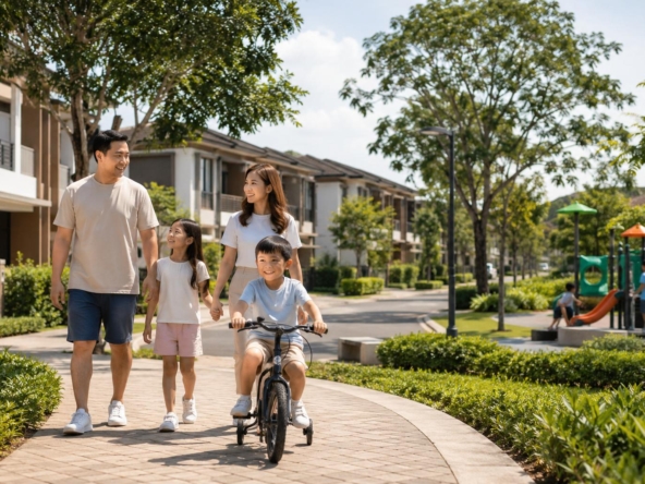Filipino family walking near homes and playground in a safe neighborhood