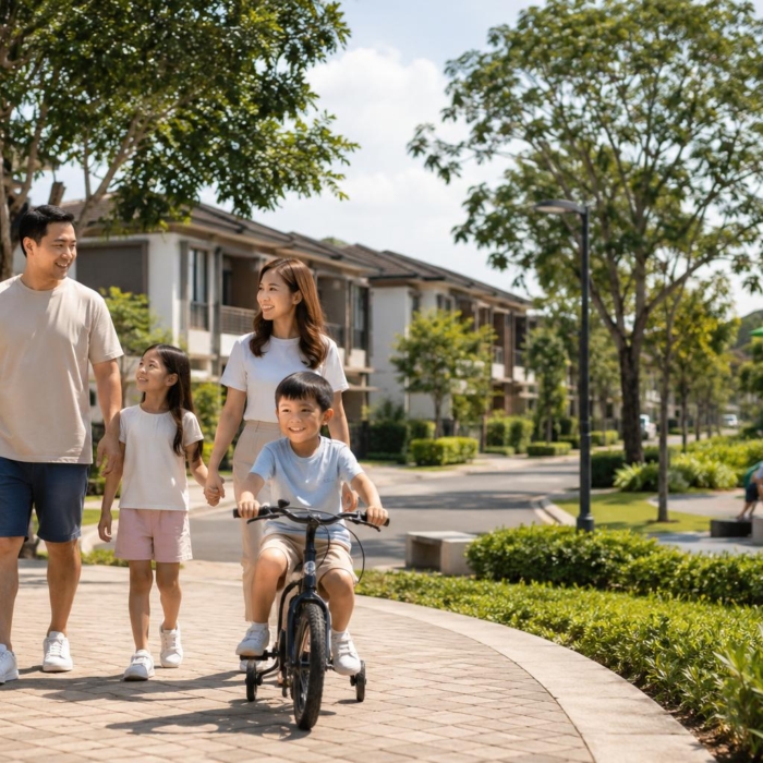 Filipino family walking near homes and playground in a safe neighborhood