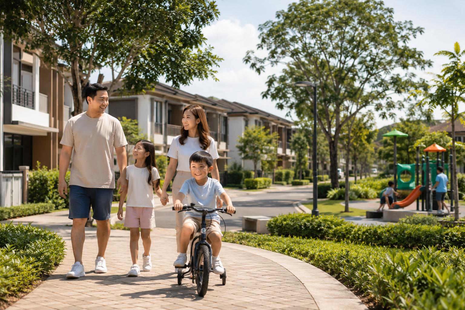 Filipino family walking near homes and playground in a safe neighborhood