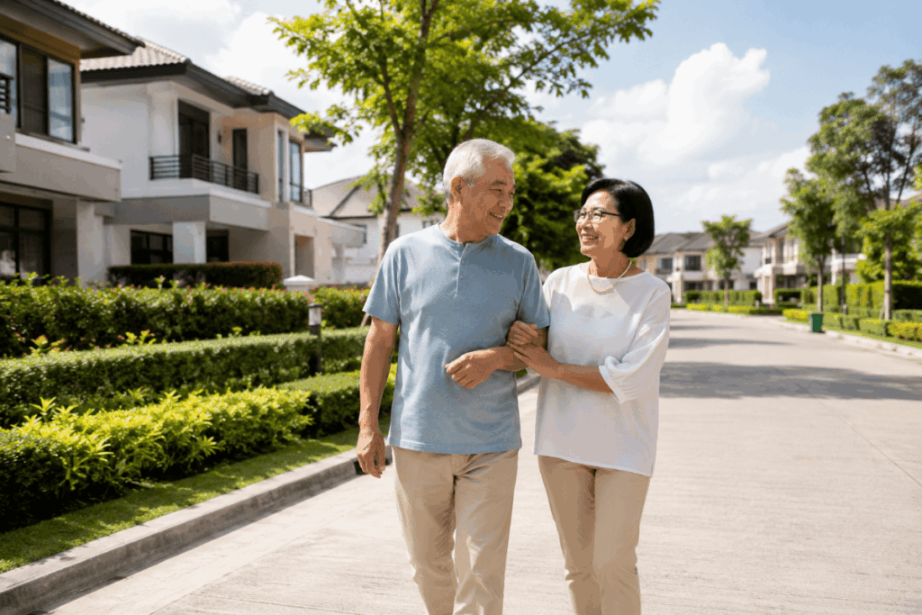 Retired Filipino couple walking in a peaceful residential community