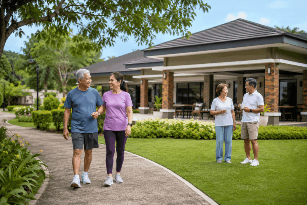 Retirees enjoying walking trails and clubhouse amenities in a subdivision